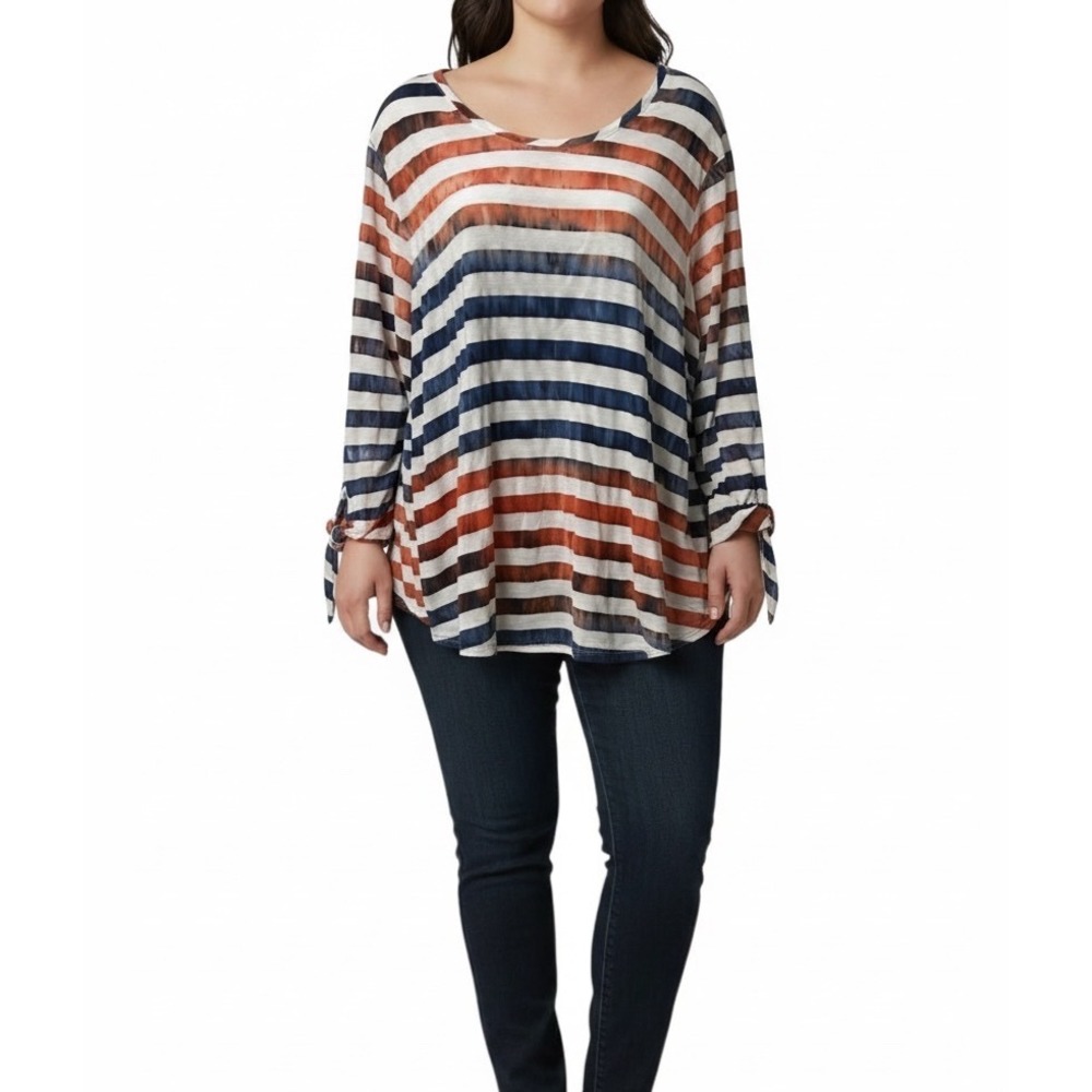 Ruby Rd Woman 2X Striped Tunic Top Navy Orange White Tie Sleeve Scoop Neck
